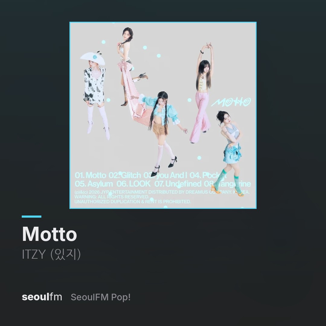 seoulfm's tweet photo. ITZY (있지) avec « Motto » à l’antenne : ça te fait danser ou chanter ? ✨
écoute gratuite, lien en bio 🎧
#NowPlaying #kpop #kpopfr #radio #seoulfm https://t.co/Xfwnqw7vX1