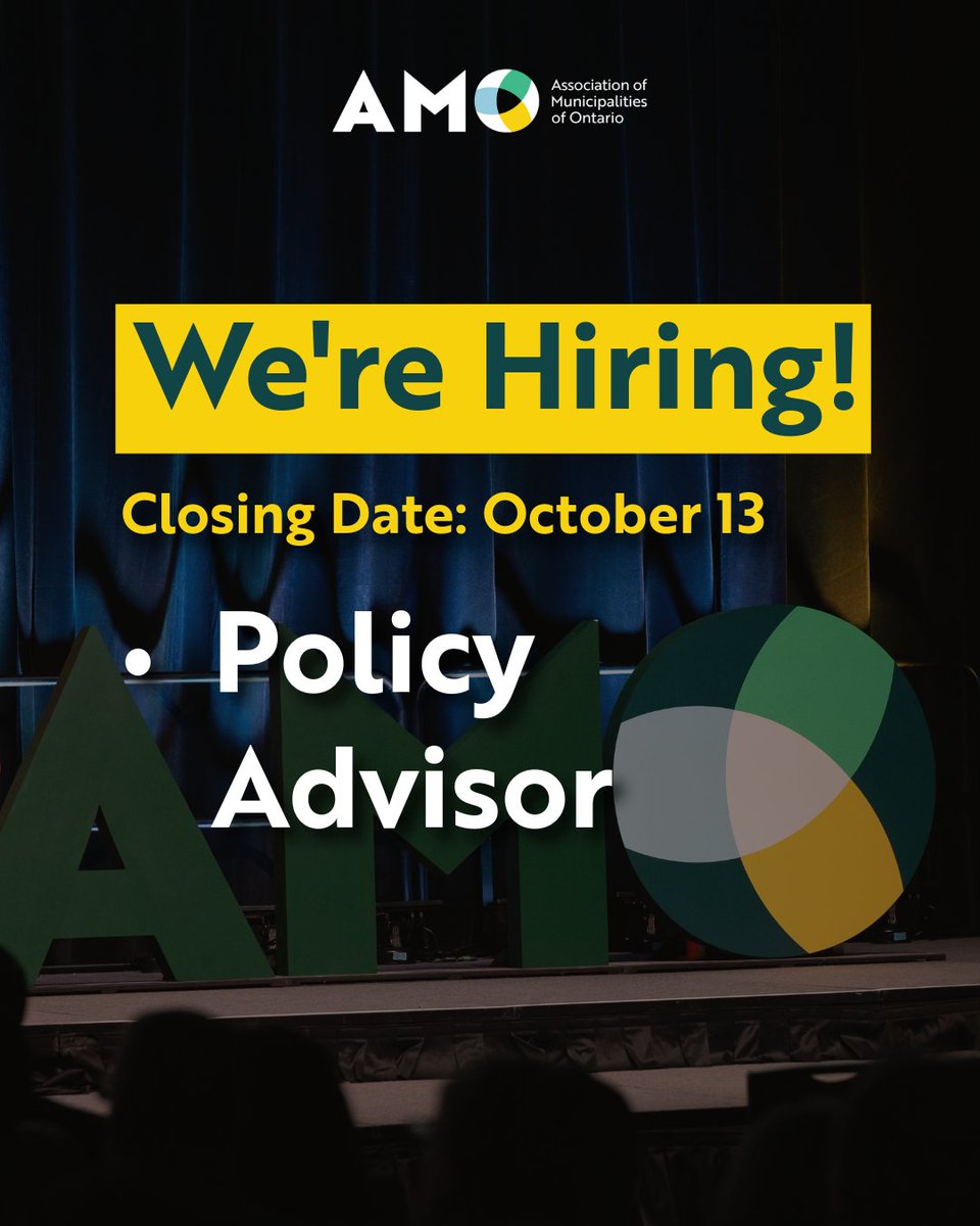 AMOPolicy's tweet photo. We are seeking a Policy Advisor to lead and support the analysis and advocacy efforts that advance top municipal priorities.

The position is to fill a 12-month contract position to cover a parental leave.

Application deadline: 11:59 PM, Wednesday, October 13, 2026

https://t.co/0kpAw9zPPW