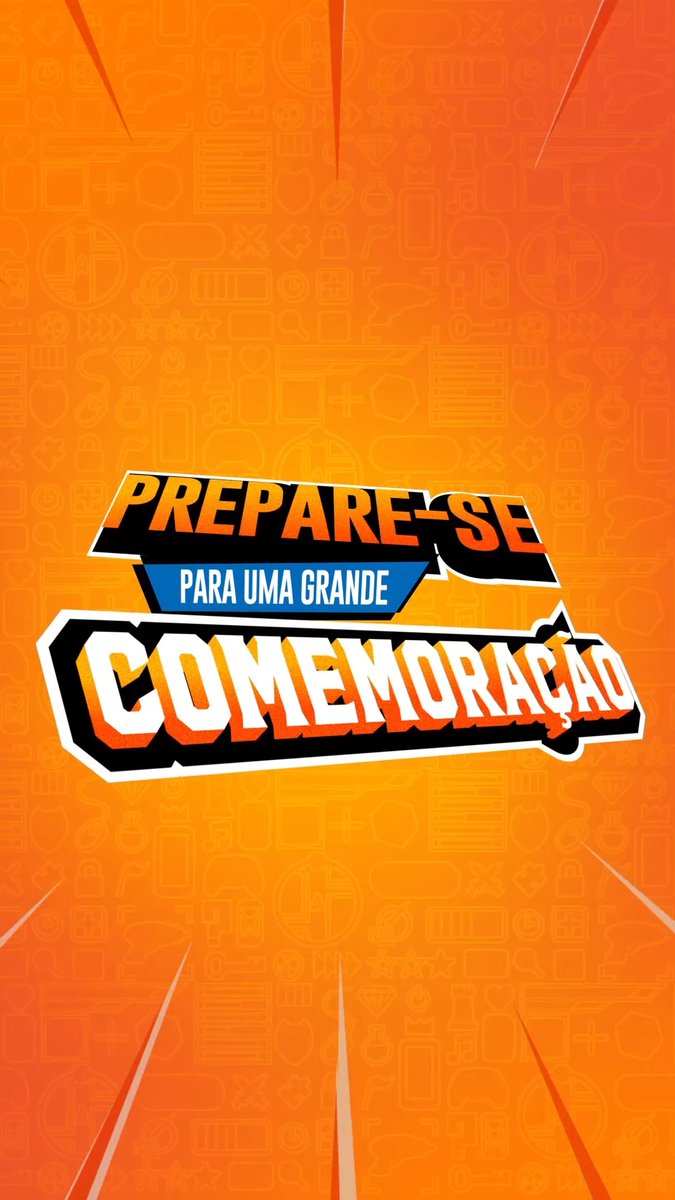 An orange promotional graphic with comic-style burst design reading 'PREPARE-SE PARA UMA GRANDE COMEMORAÇÃO' (Portuguese for 'Get ready for a big celebration').