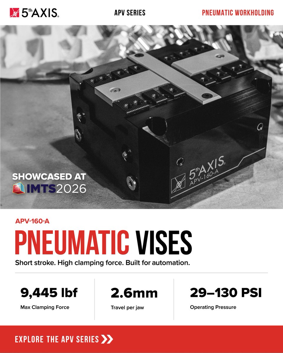 fifthaxis's tweet photo. Automation-ready pneumatic vises.

APV-160-A: Short stroke, high clamping force.
APV-160-B: Long stroke, low clamping force.

Explore the APV Series today.

#5thAxis #PneumaticWorkholding #Workholding #CNCMachining #Manufacturing #Automation #IMTS2026 https://t.co/oL89WFwsBL