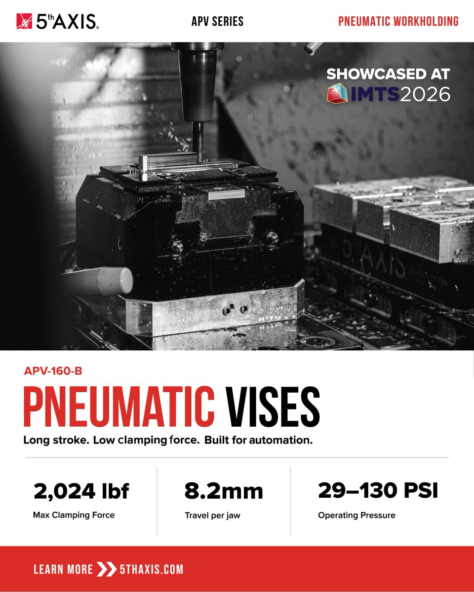 fifthaxis's tweet photo. Automation-ready pneumatic vises.

APV-160-A: Short stroke, high clamping force.
APV-160-B: Long stroke, low clamping force.

Explore the APV Series today.

#5thAxis #PneumaticWorkholding #Workholding #CNCMachining #Manufacturing #Automation #IMTS2026 https://t.co/oL89WFwsBL