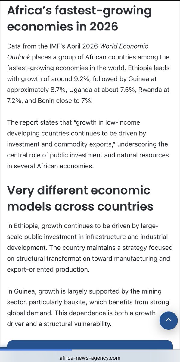 firstladyship's tweet photo. BREAKING:

The IMF has published the list of the fastest-growing economies in Africa in 2026, & Nigeria is not among them. The countries are:

1. Ethiopia: 9.2%
2. Guinea: 8.7%
3. Uganda: 7.5%
4. Rwanda: 7.2%
5. Benin: 7%

The last time Nigeria saw this level of economic growth was in 2015 under GEJ. Bold Reforms crossed the Red Sea, but left Nigerians in Egypt