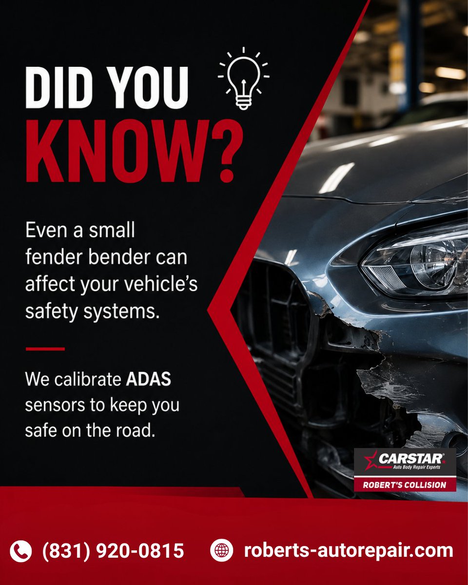 RobertsAuto's tweet photo. Small Hit. Bigger Impact. ⚠️

Even a minor collision can affect sensors and driver-assistance systems you may not immediately notice. Proper ADAS calibration helps make sure cameras and sensors continue working as designed after repairs.
.
.
.
#CARSTAR #RobertsCollision https://t.co/Pr6MaRumIS