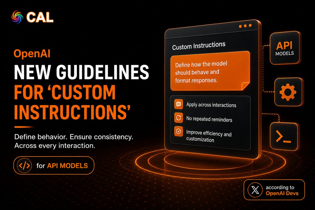 CosmosAILab's tweet photo. OpenAI launched new guidelines for using 'Custom Instructions' in API models, enabling developers to define behavior and maintain consistent formatting. This feature allows instructions to be applied across interactions, eliminating the need for repeated reminders.
#CAL #OpenAI https://t.co/SXLDXzSMHb