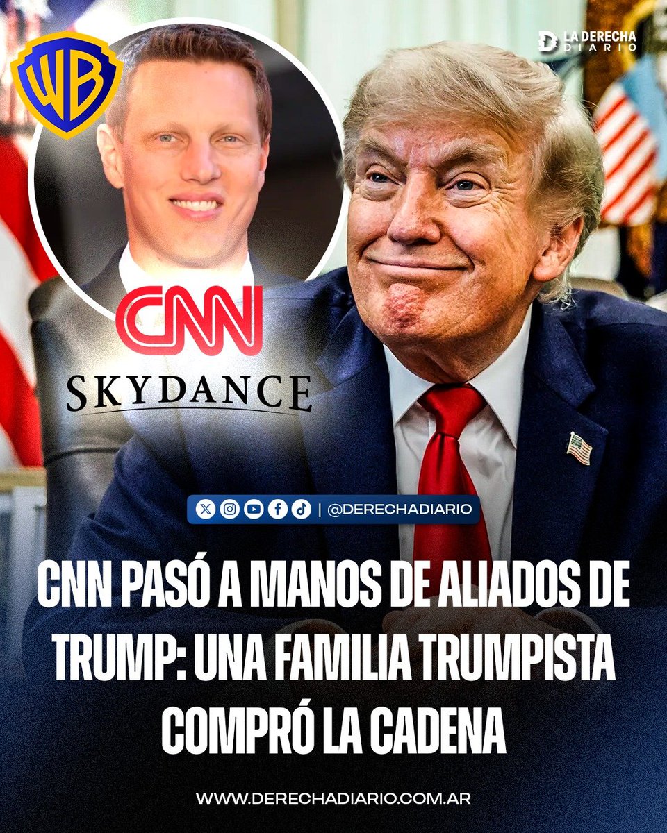 laderechadiario's tweet photo. 🚨🇺🇸 | CNN PASÓ A MANOS DE ALIADOS DE TRUMP: UNA FAMILIA TRUMPISTA COMPRÓ LA CADENA DEMÓCRATA

Paramount Skydance completó la adquisición de Warner Bros Discovery y creó el nuevo gigante Skydance, que reúne bajo una misma estructura a CNN, CBS, HBO, Warner Bros. y Paramount+. La compañía quedó encabezada por David Ellison, hijo del multimillonario Larry Ellison, cofundador de Oracle y amigo de Trump.

Los Ellison estrecharon fuertemente sus vínculos con Donald Trump en los últimos años. Según The Wall Street Journal, Larry Ellison aportó USD 45 millones a la campaña presidencial de Trump en 2024 y profundizó desde entonces su relación con el mandatario, mientras su hijo avanzaba en la construcción de uno de los mayores imperios mediáticos de Estados Unidos.

CNN continuará por ahora bajo la conducción de Mark Thompson, aunque la cadena pasa a formar parte del conglomerado dirigido por David Ellison. La operación, valuada en unos USD 110.000 millones incluyendo deuda, modifica por completo el mapa de poder de los grandes medios estadounidenses.