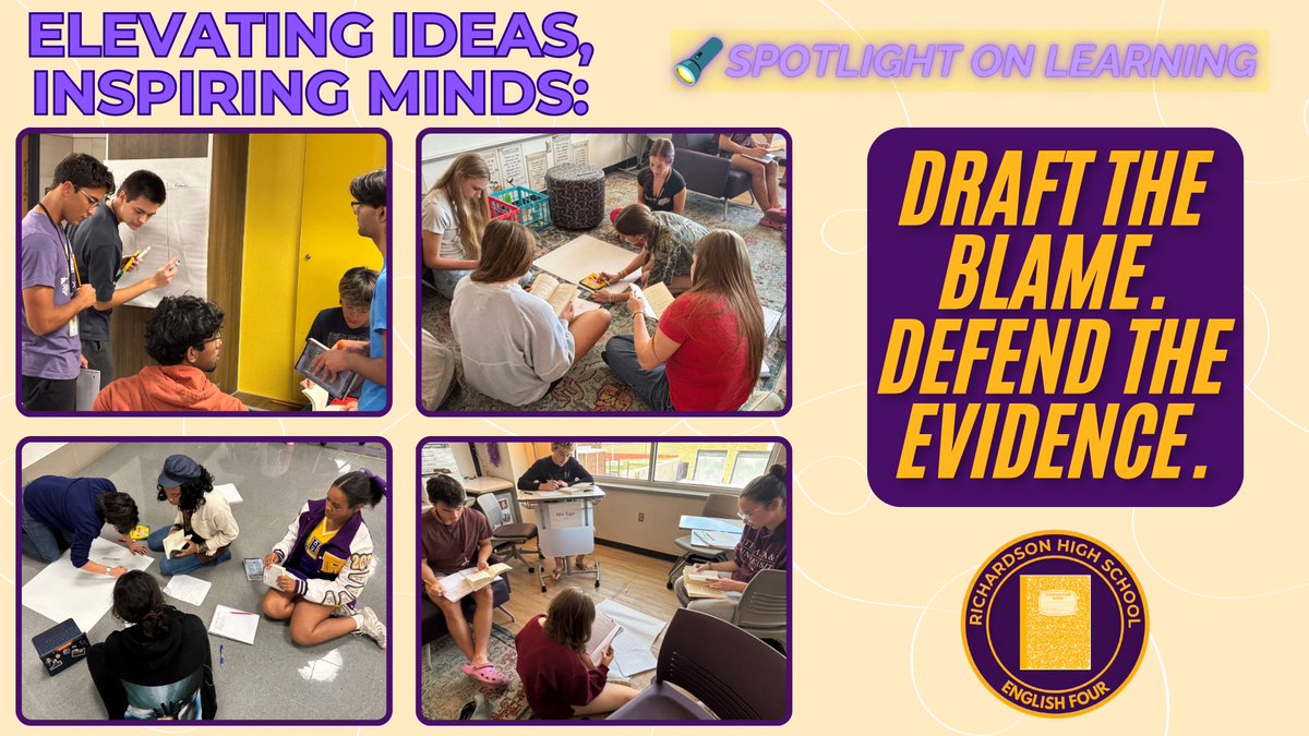 RichardsonHS1's tweet photo. 📚 Who gets the blame?
After reading Oedipus Rex, Mrs. Eger’s AP ENG 4 students had 100 points to distribute among the characters they believed were responsible for the tragedy &amp; then used textual evidence to defend their choices. 💜💛
#RISDDreamOn #AlwaysAnEagle #RISDInsiders https://t.co/DPH0EZdVz6