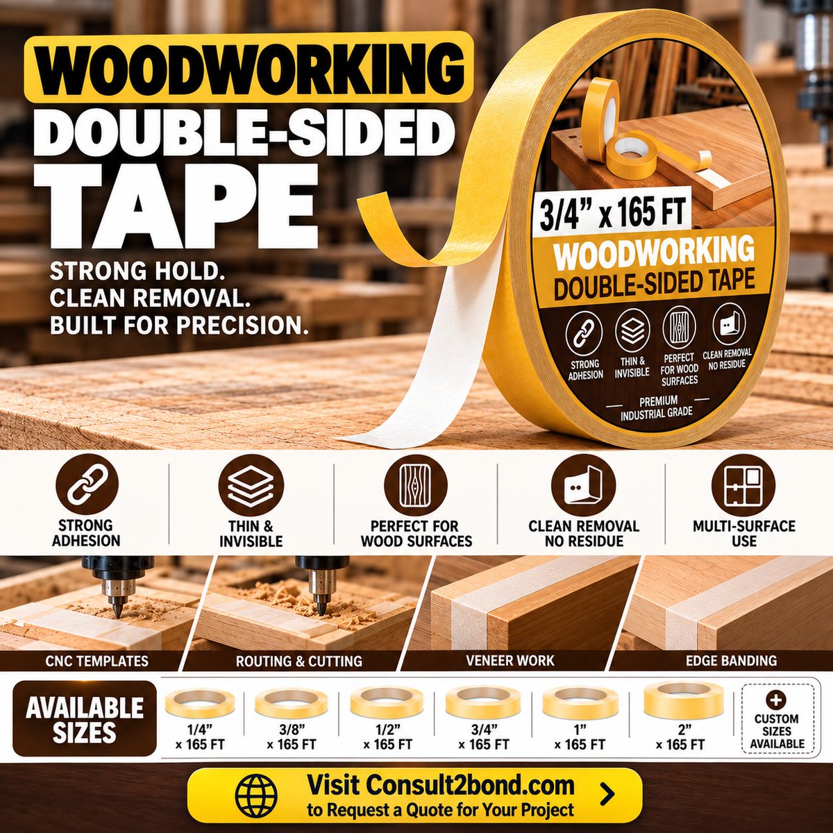 consult2bond's tweet photo. Achieve precision and a strong hold without damaging your wood surfaces 🪵🪚

Woodworking Double-Sided Tape features a thin, invisible design engineered for strong adhesion and clean removal with zero residue. 
#consult2bond #WoodworkingTape #DoubleSidedTape #WoodworkingTools https://t.co/JyQJNsIEPx