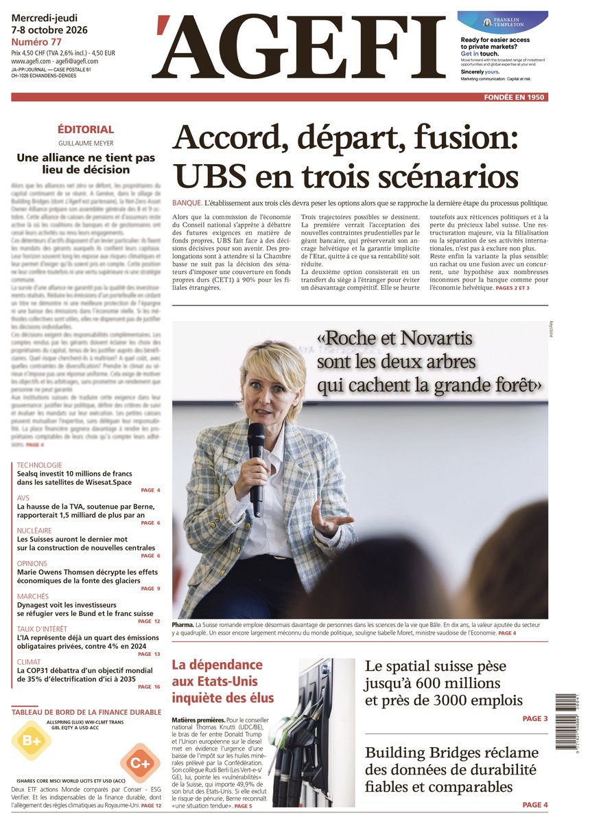 Ageficom's tweet photo. 🔴 A la Une du mercredi 7 octobre 2026: Accord, départ, fusion: UBS en trois scénarios / Une alliance ne tient pas lieu de décision, l'édito de Guillaume Meyer / Building Bridges réclame des données de durabilité fiables et comparables
➡️ https://t.co/UB4JgPCYKQ https://t.co/MnEAoP0xUl