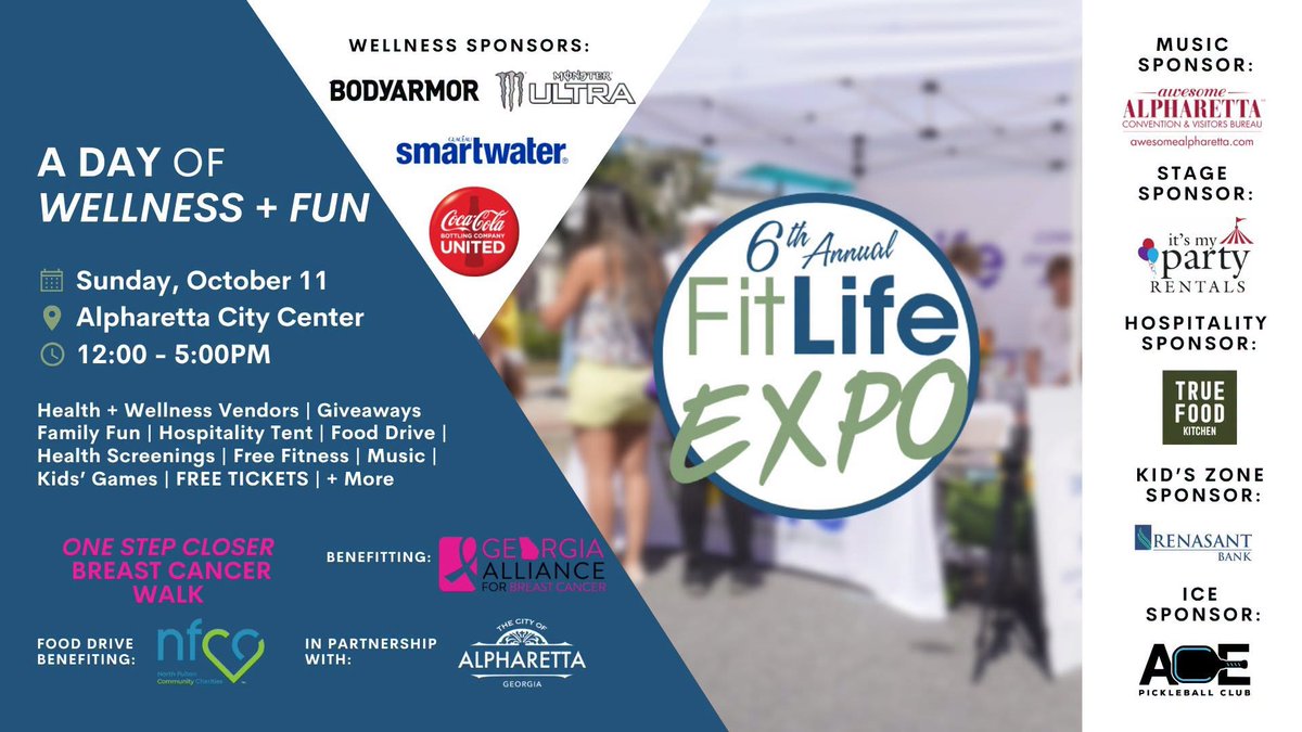 alpharettagov's tweet photo. FitLife EXPO is back October 11 at Alpharetta City Center with free fitness classes, wellness activities, local vendors, giveaways, a pet parade and more! 

Sunday, Oct 11 from 12–5 p.m.
2 Park Plaza, Alpharetta, GA 30009

Learn more at https://t.co/UfqjSjZfPQ https://t.co/m4b4hEP4h4
