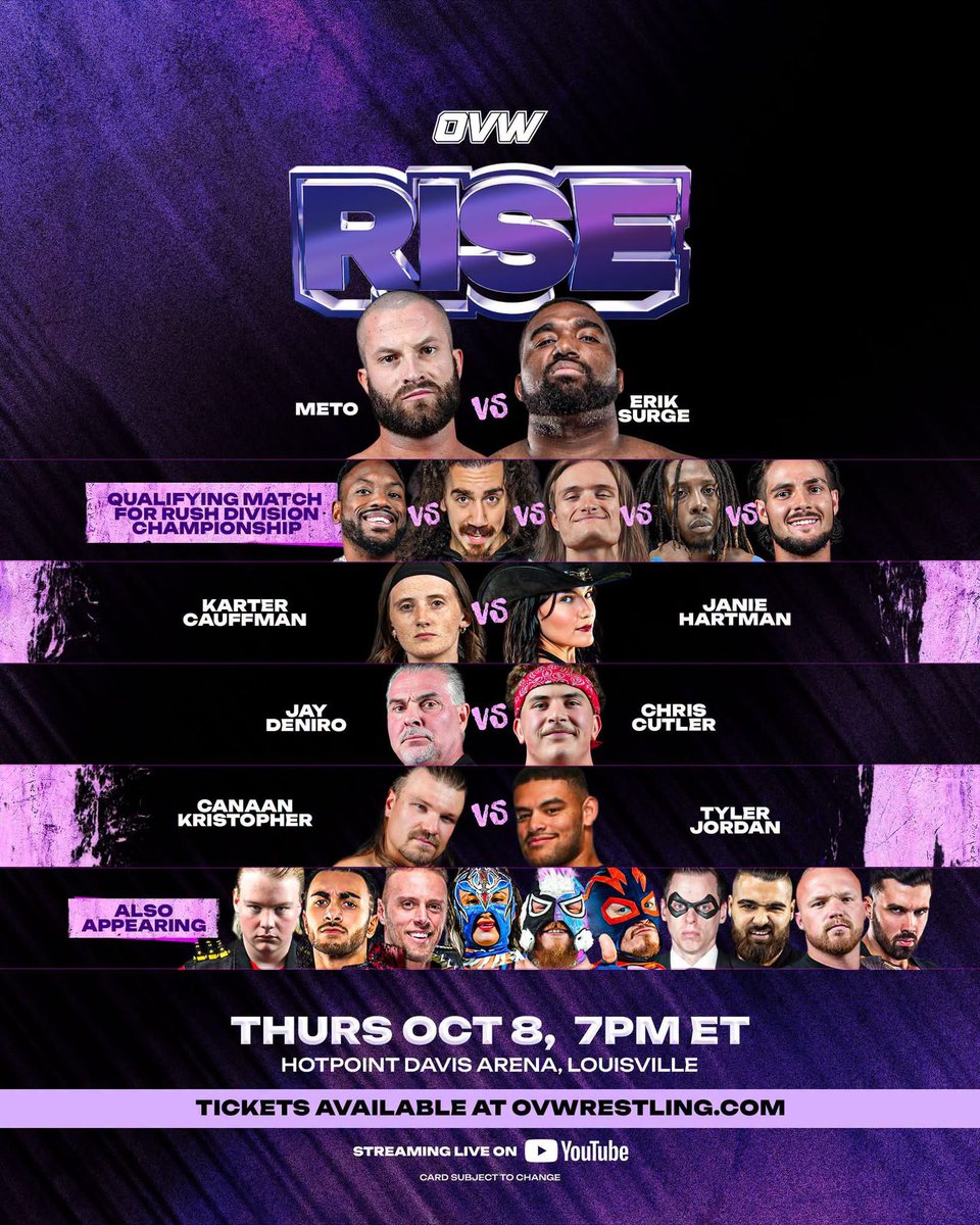 ovwrestling's tweet photo. Thursday Night, OVW will RISE when...

📺Meto takes on Erik Surge..

📺The Fallout of Kal Herro vs Colby Carter..

📺A Qualifying Gauntlet Match for the RUSH Division Championship...

📺What happens next with Drew Hernandez and The Superior Family... https://t.co/Py088CL8qj