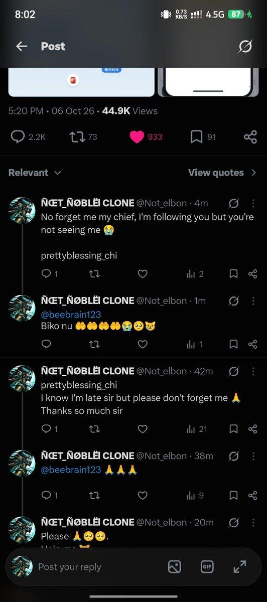 Not_elbon's tweet photo. See how many times I don beg you boss 
I go soon begin cry 😭💔 

prettyblessing_chi https://t.co/bXb2l6CNK1