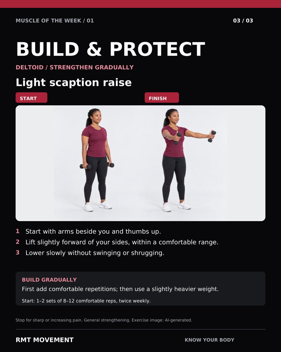 rmt_movement's tweet photo. Your deltoid helps move your arm in several directions. Start light, raise within a comfortable range and lower with control. Shoulder pain does not identify one muscle. #RMTMovement https://t.co/99jVDwuHAY