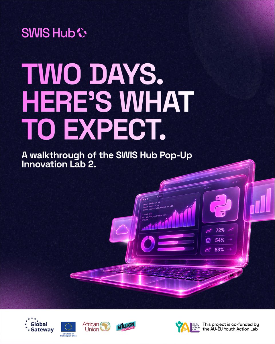 SwisHub's tweet photo. Wondering what two days at the Pop-Up Innovation Lab actually look like? Here’s the plan. 👇🏽

Day 1 is about building your foundation. You’ll be introduced to data science, learn the fundamentals of Python, get comfortable working in Google Colab, and learn how to clean https://t.co/sTLd1ydS5n