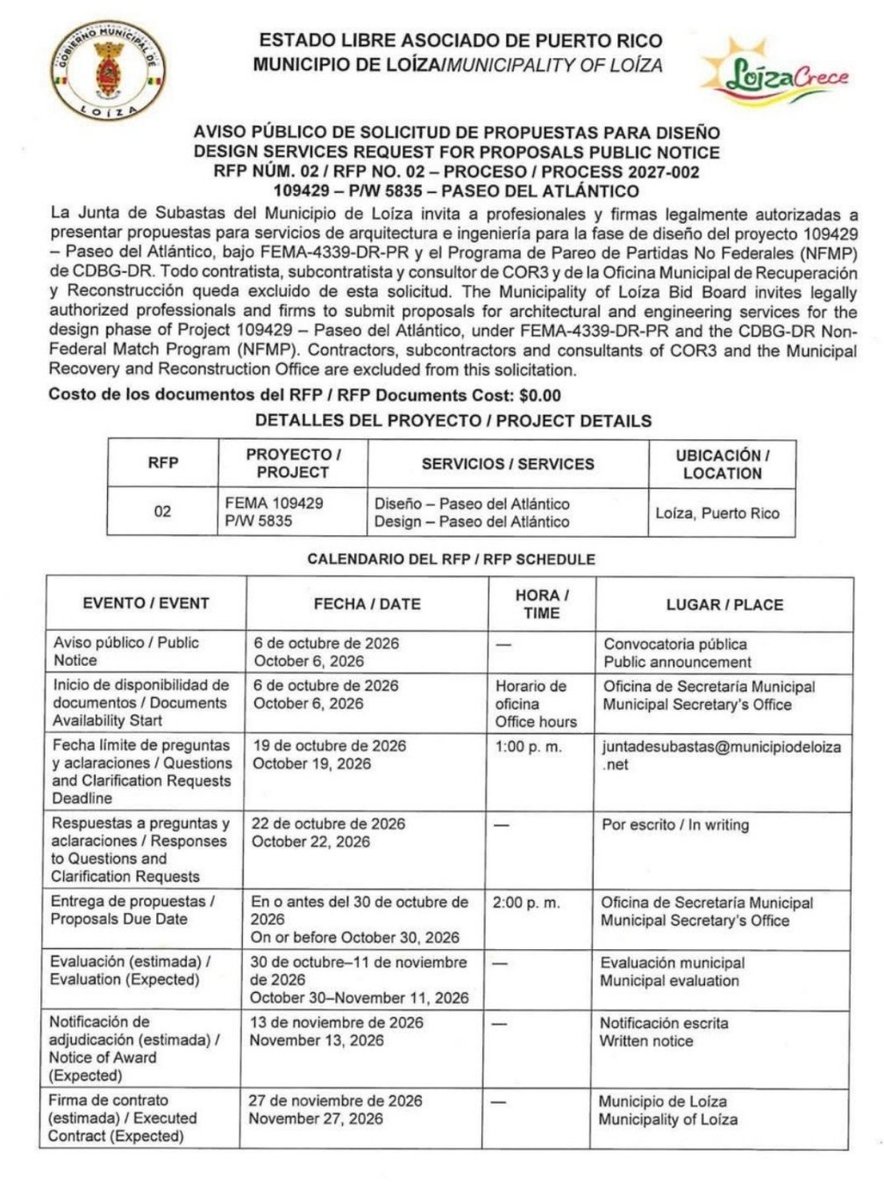 Cor3pr's tweet photo. 🔊 ¡Aviso de RFP!

El Municipio de Loíza invita a profesionales y firmas legalmente autorizadas a presentar propuestas para los servicios de arquitectura e ingeniería de la fase de diseño del proyecto Paseo del Atlántico, financiado con fondos de FEMA.

⬇️ Aquí más detalles. https://t.co/LpQyTlOVBB
