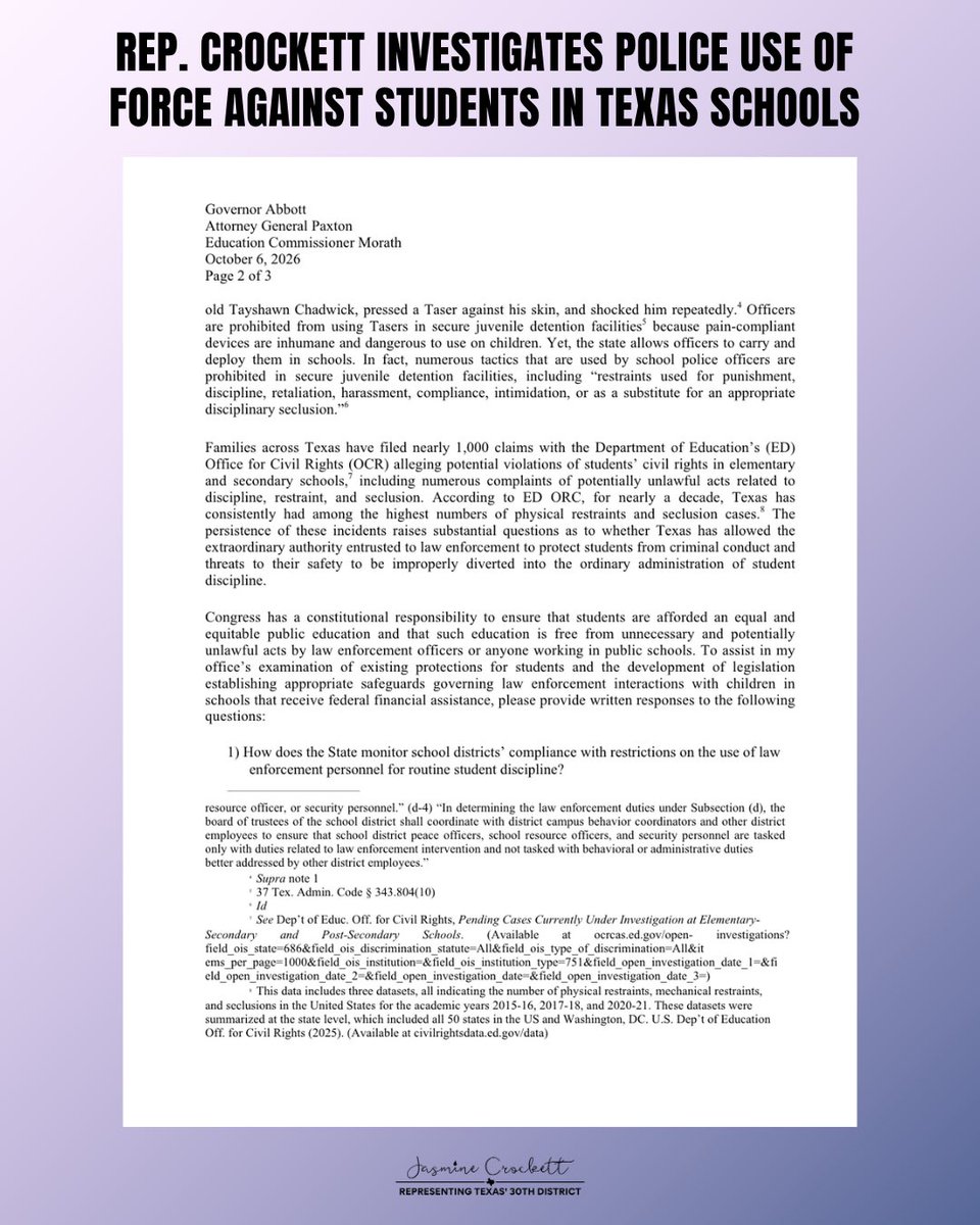 RepJasmine's tweet photo. Our kids are being hogtied, handcuffed, and tased in our schools. 

Keeping them safe should be the bare minimum. 

I am urging our Texas leaders to exercise immediate oversight and ensure accountability for these horrific reported actions. This is unacceptable, and it has to stop.