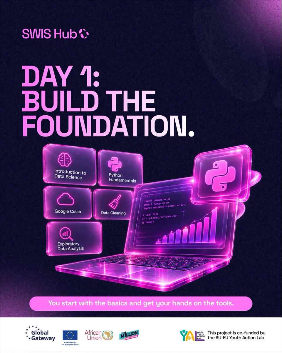 SwisHub's tweet photo. Wondering what two days at the Pop-Up Innovation Lab actually look like? Here’s the plan. 👇🏽

Day 1 is about building your foundation. You’ll be introduced to data science, learn the fundamentals of Python, get comfortable working in Google Colab, and learn how to clean https://t.co/sTLd1ydS5n