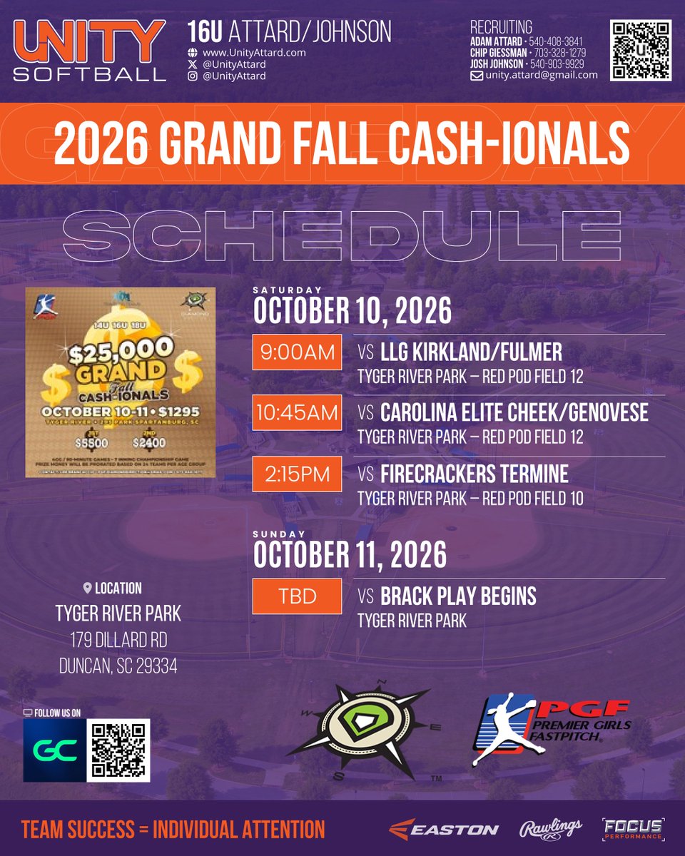 UnityAttard's tweet photo. Fall starts here!

We are opening our fall season at the PGF Grand Fall Cash-ionals, October 10–11 at Tyger River Park in Duncan, SC.

A good first test with Ray Seymour and Clearwater ahead. Coaches, stop by Red Pod on Saturday and see a group that plays fast, pitches well, and competes every inning. @VAUnitySB @UnityCoachJosh @AshVanBoxmeer4 

@BellaAttard2028 @averymunson2028 @leahcatto2028 @kameronpiercy28 @emilystone_2028 @paytonpiercy28 @AshlynGiessman @Ella_Gill12  @JayaTheilen @presleygatlin @DNeve_24 @CPendergraph30 @MSavage2028 

https://t.co/ZvrsJuVCXE