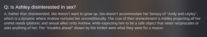 EliaEldrit53195's tweet photo. I appreciate that despite plans changing from the stand alone game (Ep1) regarding Ashley's sexual feelings, its done in a way that was seamless. Ashley STILL thinks of this as a way to get Andrew leashed, but beyond this repression, theres a much more complex, deeper character https://t.co/jgmdOfYlTB