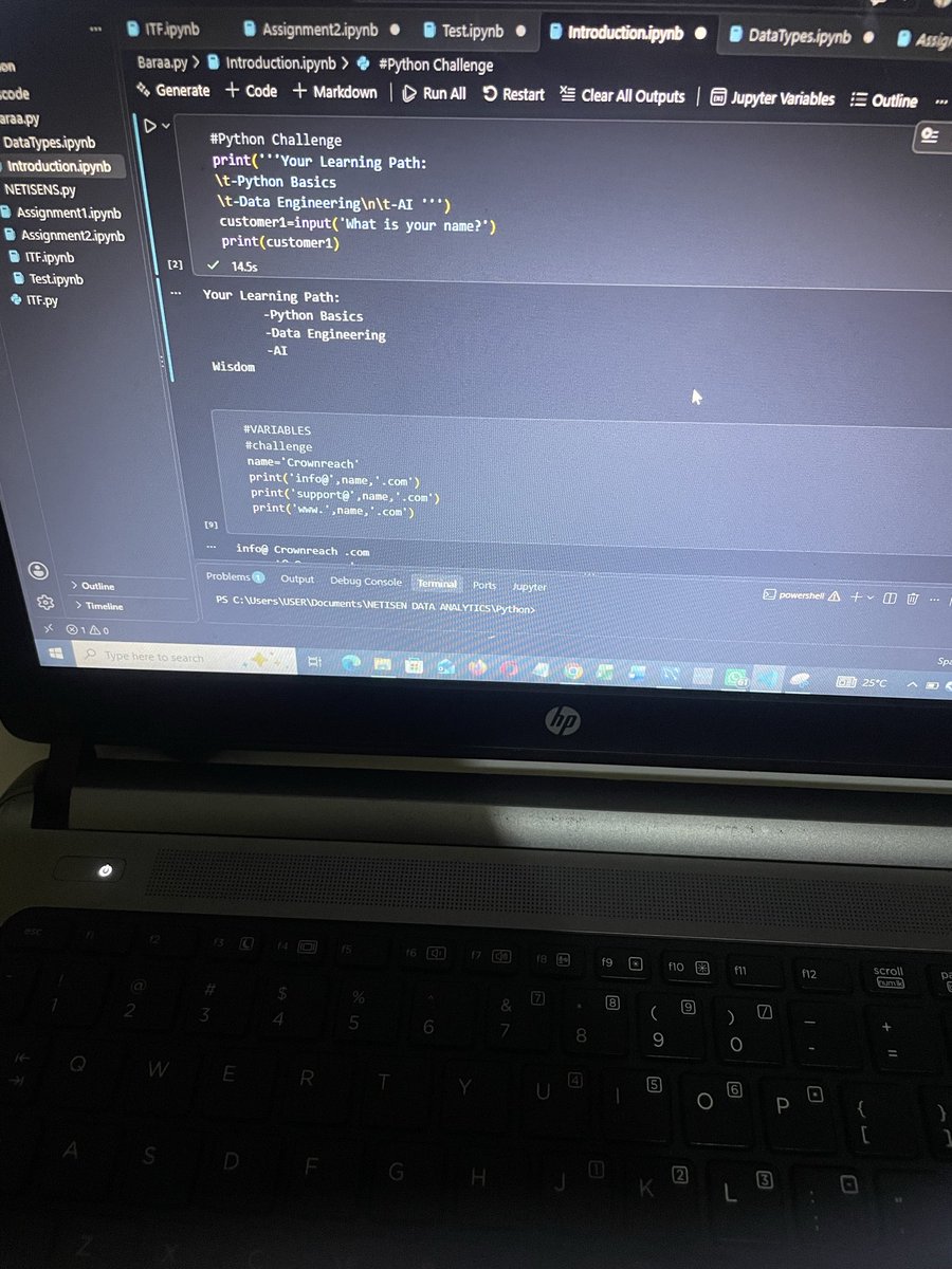 wisdomabang1's tweet photo. Day 8 of my data analytics journey📊

Not much today , I just started Python. Covered variables, input() and print(), and did a couple of small challenges in class. https://t.co/ampYvpUJpE