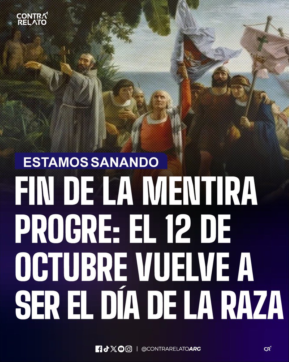 contrarelatoarg's tweet photo. El Gobierno oficializó el regreso de la denominación histórica "Día de la Raza" para el feriado del 12 de octubre, dejando sin efecto el nombre "Día del Respeto a la Diversidad Cultural" impuesto en 2010 por el kirchnerismo.

La medida busca poner fin a la agenda progresista y reivindicar el descubrimiento de América como el hito fundamental que dio origen a la Hispanidad y a la llegada de los valores occidentales a nuestro continente.