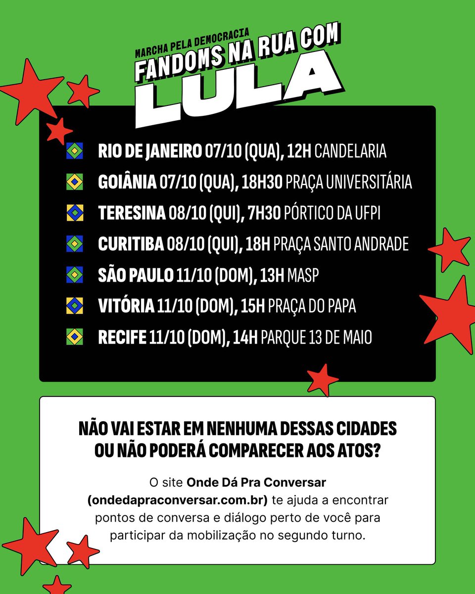 BillieEilishBR's tweet photo. 🚨 A mobilização cresceu e chegou a mais cidades pelo Brasil!

Confira as datas e locais, chame seus amigos e participe da Marcha pela Democracia na sua cidade.

Não está em nenhuma delas? Encontre pontos de diálogo perto de você pelo Onde Dá Pra Conversar e faça parte. 🇧🇷 https://t.co/IGnIhVTCKH