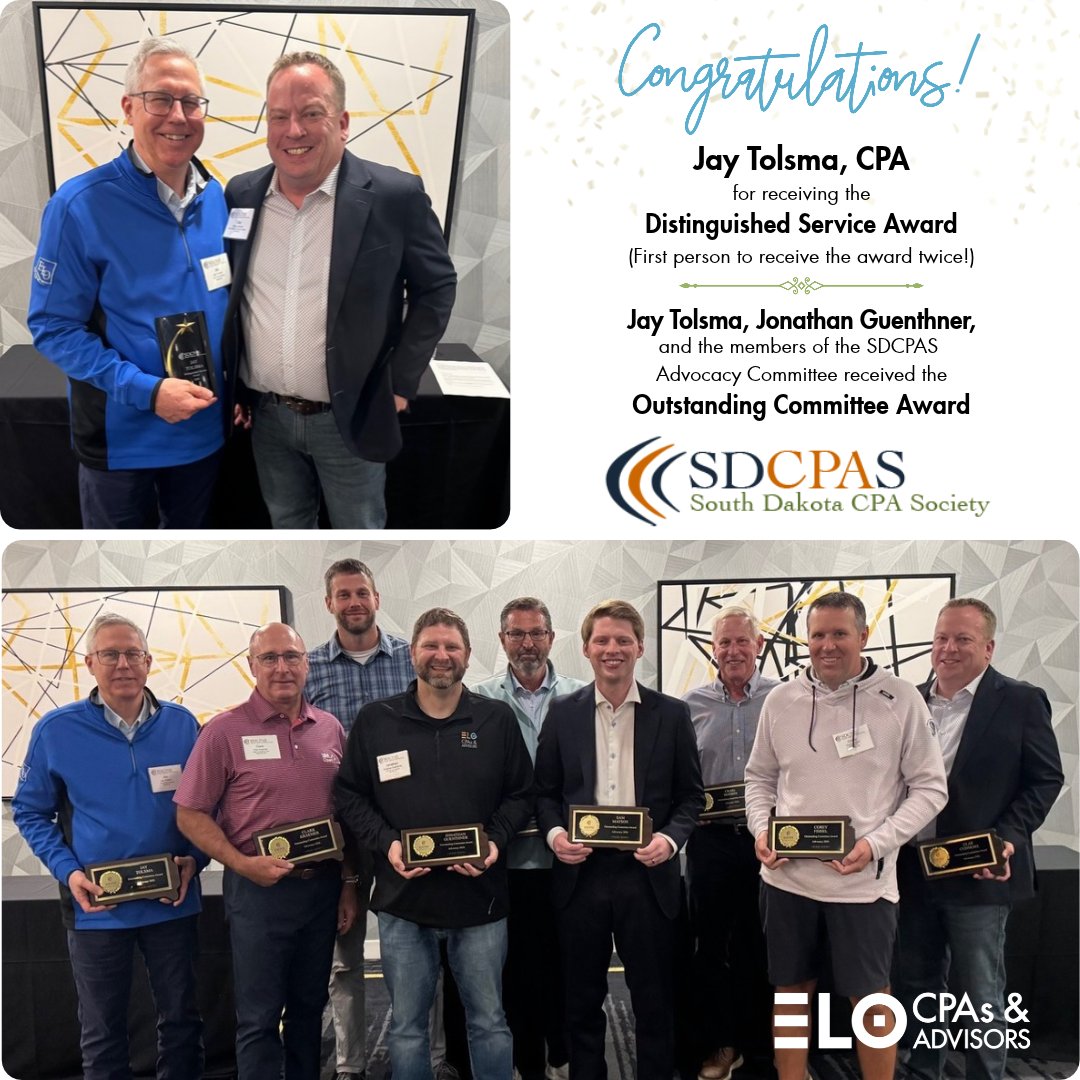 elocpa's tweet photo. Jay Tolsma, Jonathan Guenthner, and members of the SD CPA Society Advocacy Committee were honored with the Outstanding Committee Award. Jay also became the first person to receive the Distinguished Service Award twice. Congratulations! #ELOCPA #SDCPAS #Leadership #Award https://t.co/ZtTGsRrva9