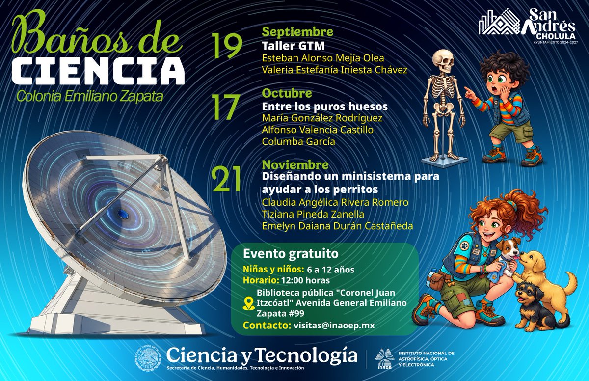 SnAndresOficial's tweet photo. 🧠 Los “Baños de Ciencia” acercan el conocimiento a niñas y niños de 6 a 12 años.
🚀 Con el acompañamiento del @inaoe_mx, participarán en actividades pensadas para despertar su interés por el saber.

📍 Colonia Emiliano Zapata.
🗓️ Consulta las fechas. https://t.co/BqXhaUZnQu