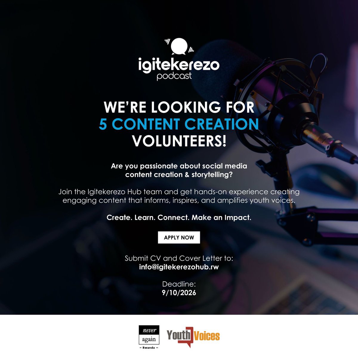 Igitekerezo_Pod's tweet photo. WE’RE LOOKING FOR 5 CONTENT CREATION VOLUNTEERS!

Are you passionate about social media, content creation, and storytelling? Here’s your chance to learn, create, connect, and make an impact with the Igitekerezo Hub team. 
…….
Deadline: 9 October 2026 https://t.co/Do1hOezNLf