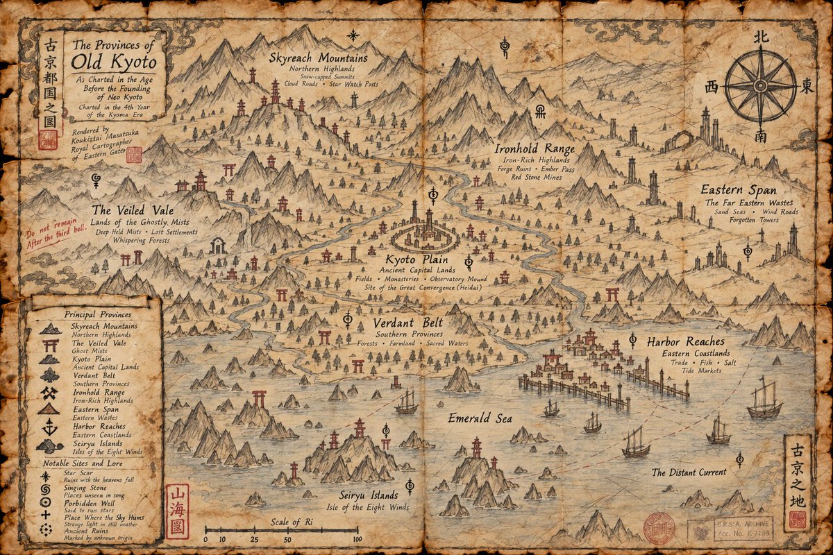 VaporEcho's tweet photo. Long before Neo Kyoto became a megacity, the land was already whispering.
Old roads. Lost shrines. Strange symbols. Places where the sky itself seemed to hum.
B.R.S.A. Archive // Pre–Neo Kyoto Survey Map
#Signalpunk #NeoKyoto #BRSA #Worldbuilding https://t.co/eVKhAY0R4L