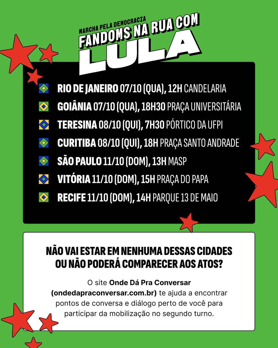 arianagrandebr's tweet photo. 🚨 A mobilização cresceu e chegou a mais cidades pelo Brasil!

Confira as datas e locais, chame seus amigos e participe da Marcha pela Democracia na sua cidade.

Não está em nenhuma delas? Encontre pontos de diálogo perto de você pelo Onde Dá Pra Conversar e faça parte. 🇧🇷 https://t.co/nuIbe5gwVJ