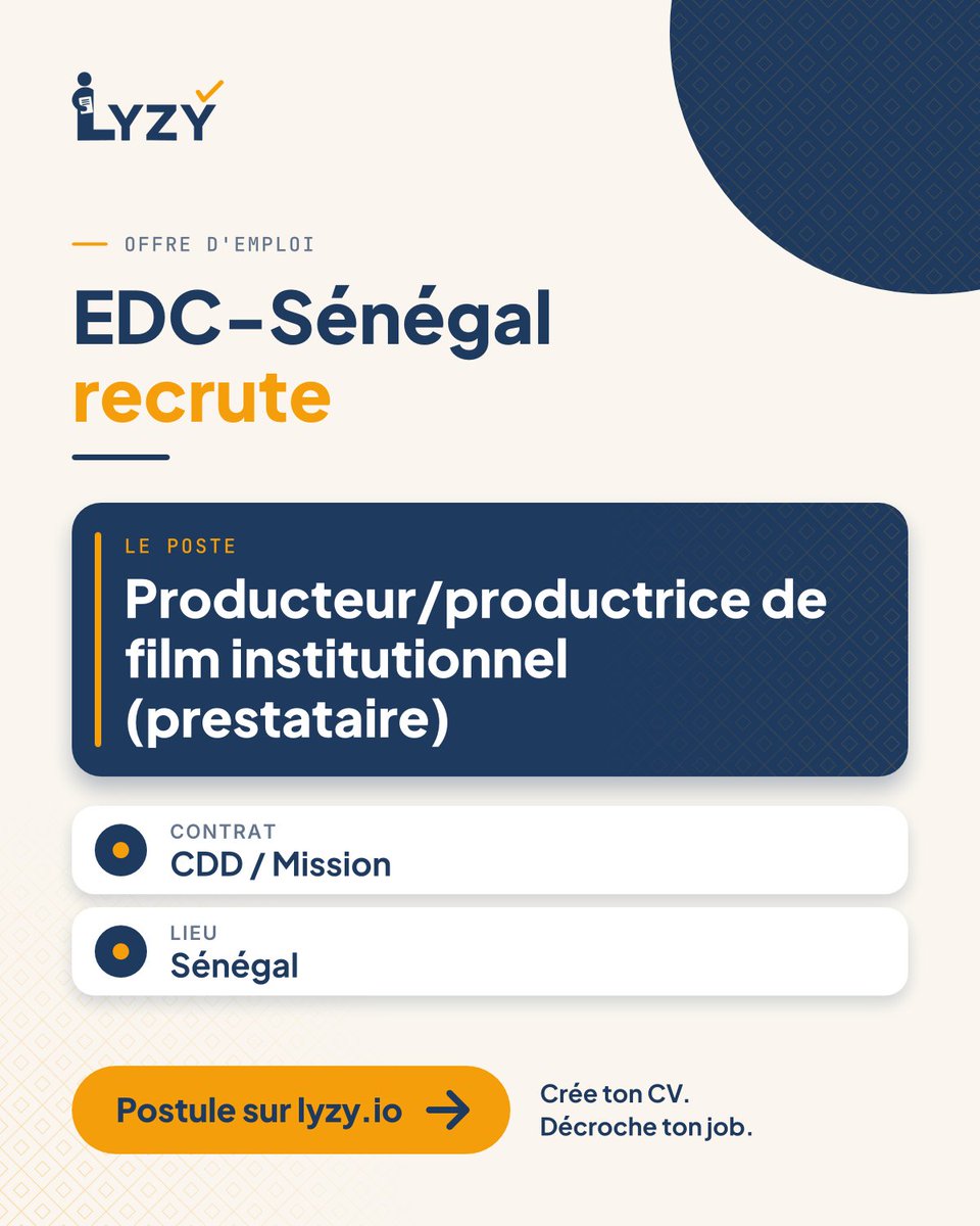 Lyzy_io's tweet photo. EDC-Sénégal recrute un producteur ou une productrice de film institutionnel, en prestation, au Sénégal.
https://t.co/R413VX7XGB #Emploi https://t.co/CAMLyQv5d9
