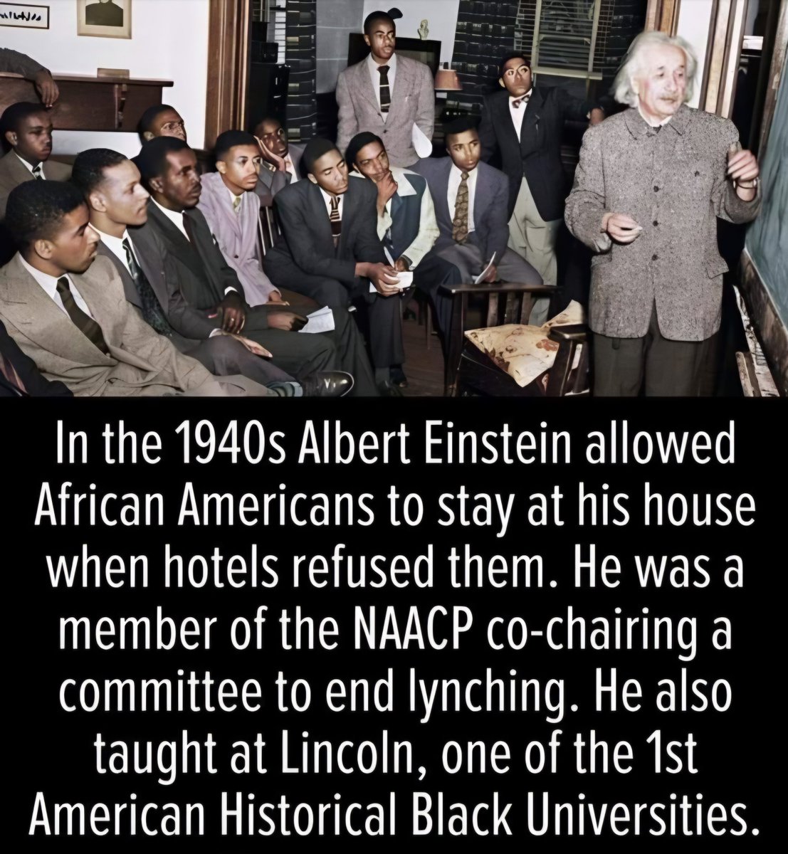 historical_Afr's tweet photo. In September 1946, Albert Einstein called r@cism America’s “worst disease.” Earlier that year, he told students and faculty at Lincoln University in Pennsylvania, the oldest Black college in the Western world, that racial segregation was “not a disease of colored people, but a dısease of whıte people, adding, “I will not remain silent about it.”  

When Albert Einstein moved to America, he was disappointed to see how Black people were being treated. Even in his new hometown of Princeton, he observed separation of the whıte and bIack societies. Einstein thought of segregation as “unacceptable.” 

Albert Einstein rarely accepted honorary doctorates but he did so for Lincoln University, a small historically Black college in Pennsylvania in 1946. He also gave a lecture before a small group of students who are seen with him in the photo. Also taught Black university students but the press didn't like to publicise it as the idea of educated equal Black people scared the establishment.