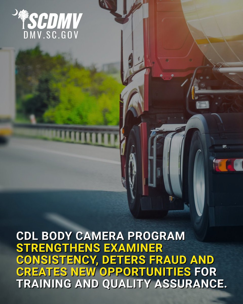 SC_DMV's tweet photo. SCDMV's #CDL Body Camera Program incorporates body camera technology into every CDL examination in the state for skills testing.

Find out why: https://t.co/BbVMFwgP4E

#SCDMV #commercialdriverslicense #southcacrolina https://t.co/ILQwcvRd2Y