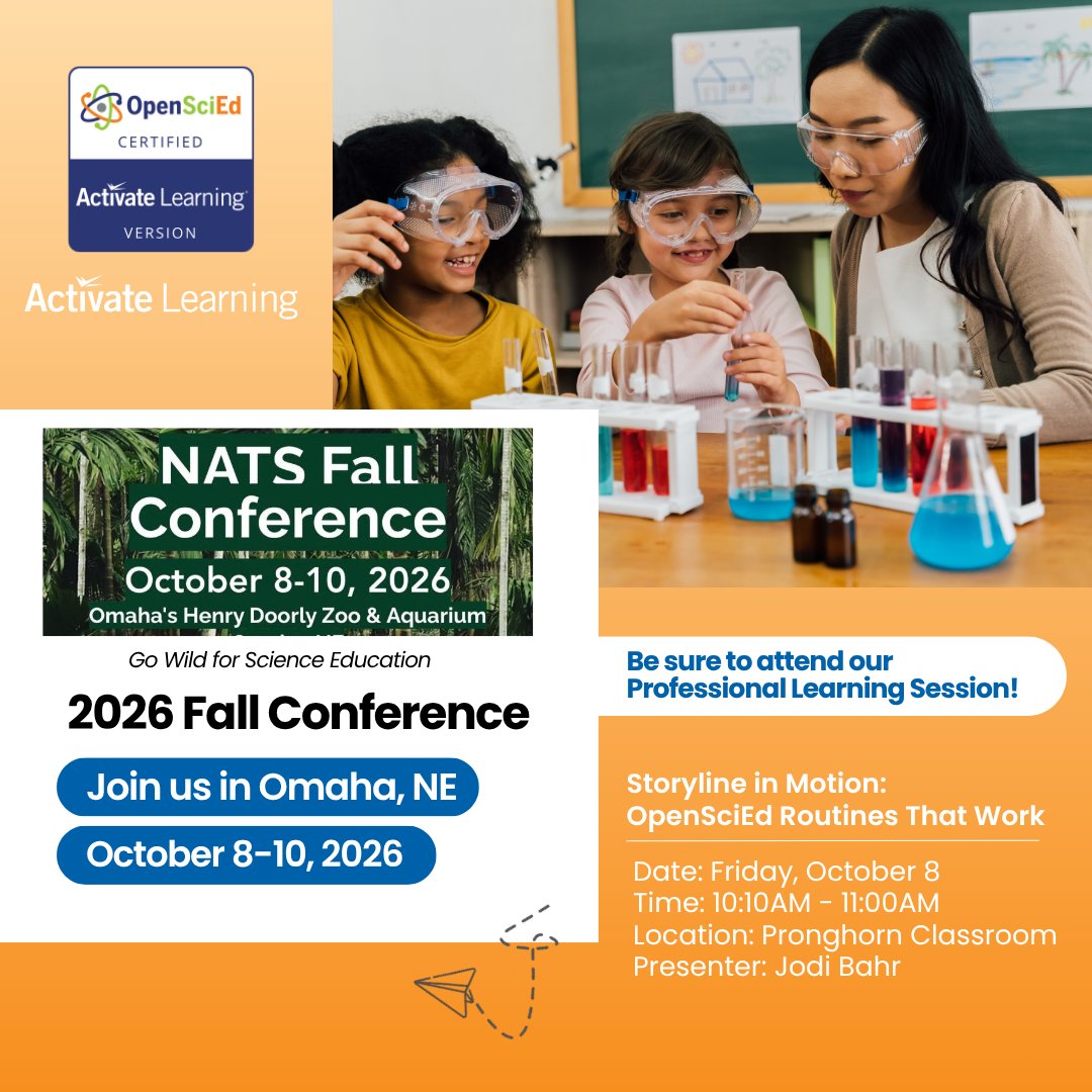 ActivateScience's tweet photo. We're going wild for science education at #NATS26! 🦁 Join our session (details in the photo 📸) and stop by Activate Learning's booth to talk investigation-centered science. 🔬🐾 https://t.co/Eo1L87Ih3K