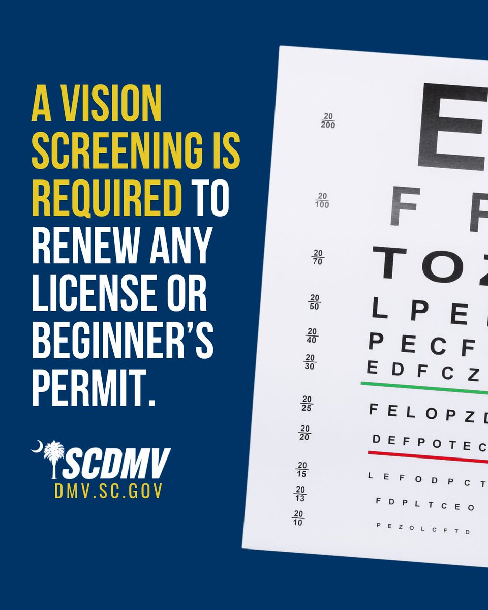 SC_DMV's tweet photo. An in-person screening can be waived if an SC-licensed eye care professional electronically submits the #SCDMV a Certificate of Vision Examination dated within the past 36 months or for active-duty military. Learn more about #renewals: https://t.co/tyfLlBkdZu
#scdmvonline https://t.co/37BoFCmk3f