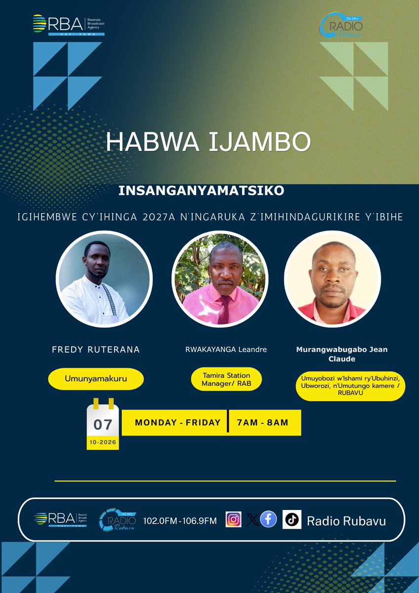 RadioRubavu's tweet photo. Ejo mu gitondo saa 7h00, Tubararikiye gukurikirana ikiganiro "Habwa Ijambo", kuri Radio Rubavu. Turagaruka ku gihembwe cy’ihinga 2027A n’uburyo Abahinzi biteguye guhangana n’ingaruka z’imihindagurikire y’ibihe. https://t.co/OfdVpeK3yD