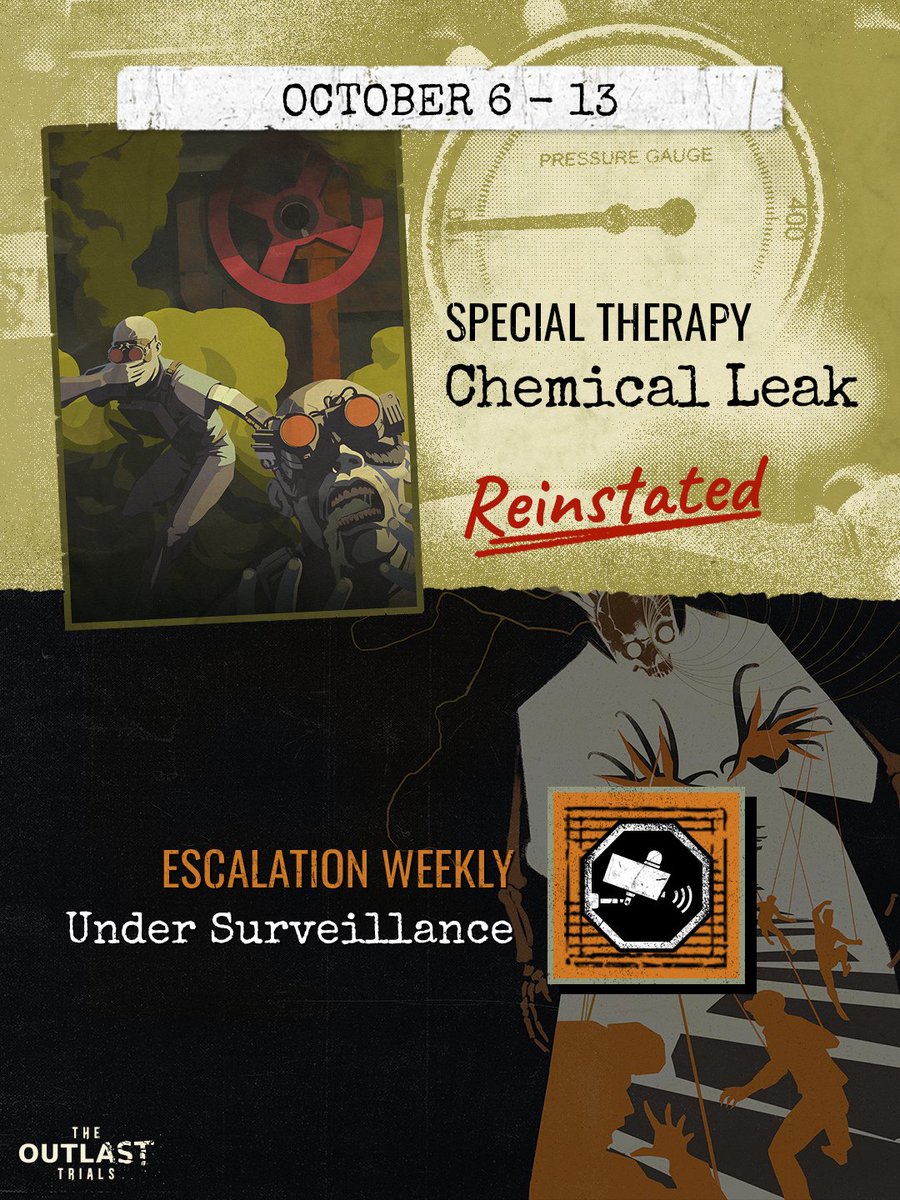 TheRedBarrels's tweet photo. Chemical Leak has been REINSTATED in #TheOutlastTrials! ☣️ Reagents will be able to play through the Limited-Time Event for the next 2 weeks, gain their Event Tokens, and acquire the exclusive Catalog items until October 20th at 10am ET! 
______________

Fuite Chimique est réintégré dans #OutlastTrials! ☣️ Les Réactifs pourront participer à cet événement à durée limitée pendant les 2 prochaines semaines, gagner des jetons d'événement et obtenir les items exclusifs du catalogue jusqu'au 20 octobre à 10h HE!