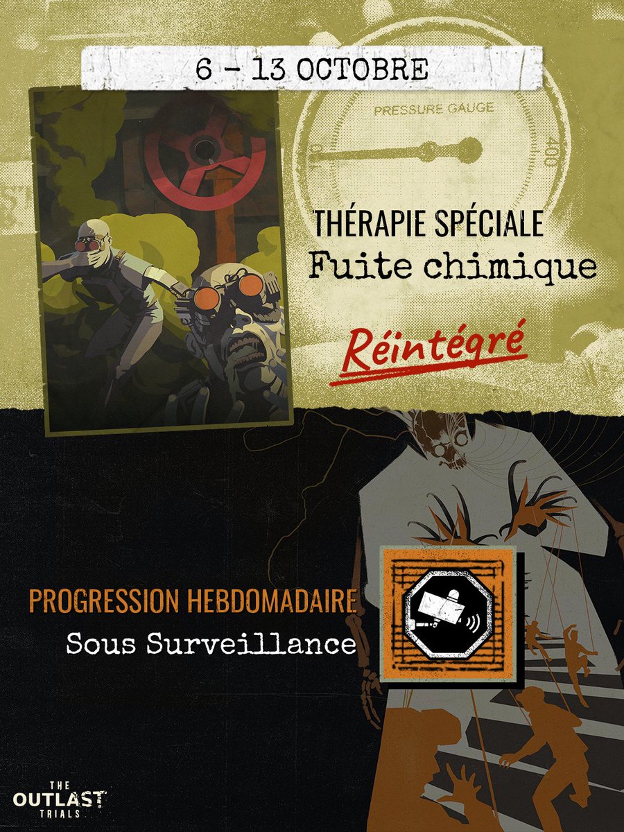TheRedBarrels's tweet photo. Chemical Leak has been REINSTATED in #TheOutlastTrials! ☣️ Reagents will be able to play through the Limited-Time Event for the next 2 weeks, gain their Event Tokens, and acquire the exclusive Catalog items until October 20th at 10am ET! 
______________

Fuite Chimique est réintégré dans #OutlastTrials! ☣️ Les Réactifs pourront participer à cet événement à durée limitée pendant les 2 prochaines semaines, gagner des jetons d'événement et obtenir les items exclusifs du catalogue jusqu'au 20 octobre à 10h HE!