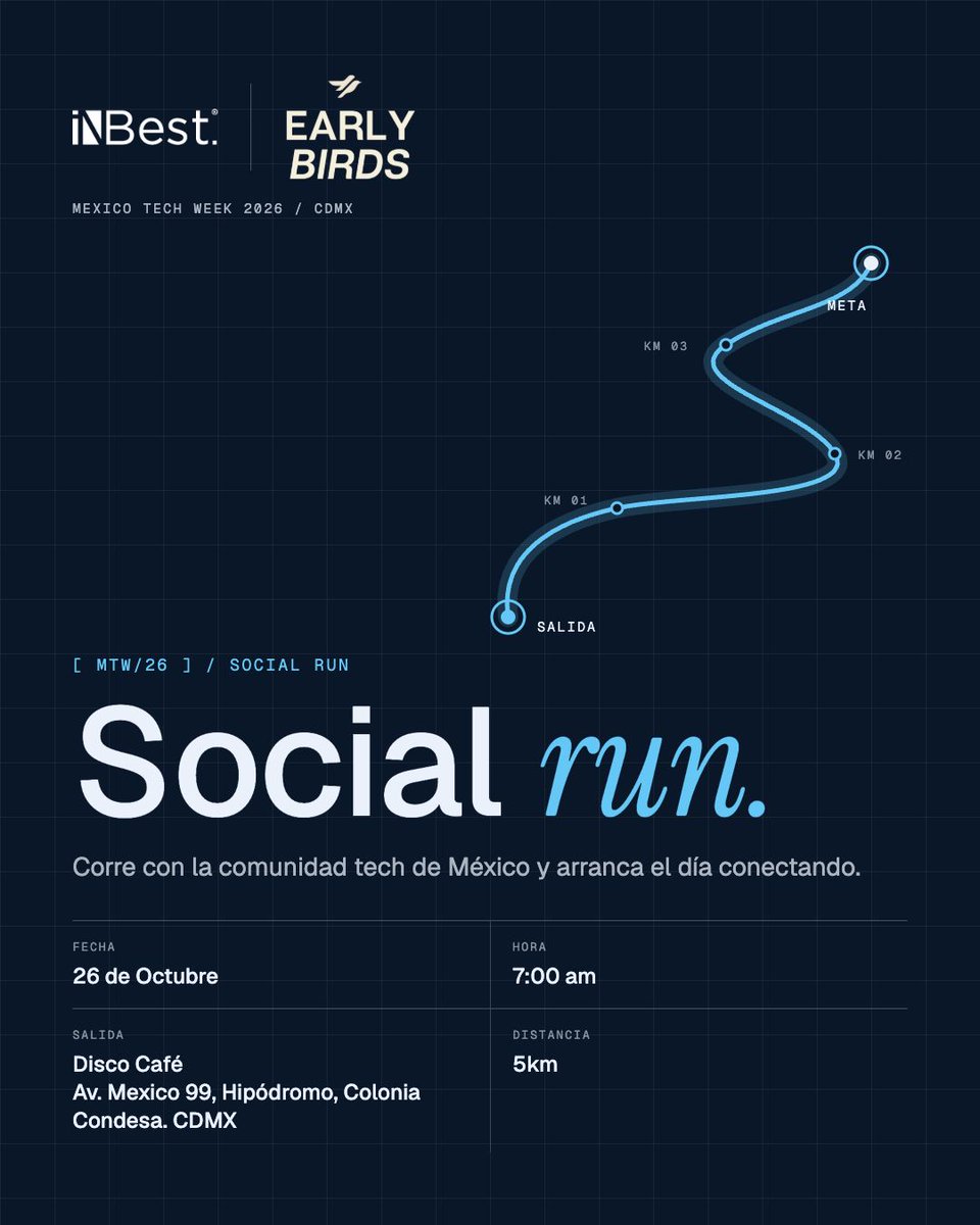 inbestcloud's tweet photo. Arranca la Mexico Tech Week corriendo.

iNBest y Early Birds te invitan al Social Run: 5 km para conectar con la comunidad tech de México antes de que empiece el día.

📅 26 de octubre · 7:00 am
📍 Disco Café, Av. México 99, Hipódromo Condesa, CDMX
- Arrancamos desde parque México (A un costado de Disco Café)

Aparta tu lugar y corre con nosotros → https://t.co/PXcZyvVAkU

#MTW26 #MexicoTechWeek #SocialRun #iNBest #EarlyBirds #ComunidadTech #CDMX
