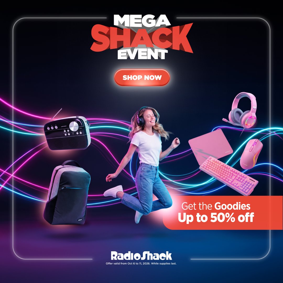 radioshack's tweet photo. 🚨 MEGA SHACK EVENT IS LIVE. 🚨

The goodies are good. The prices are better. 👀
Get up to 50% OFF on your faves for a limited time‼️
Six days to shop. One chance to catch the deals.

Don’t hear about it after it’s over👇🏼
https://t.co/1s7oMFq9MF https://t.co/Jl3uzLh4v2