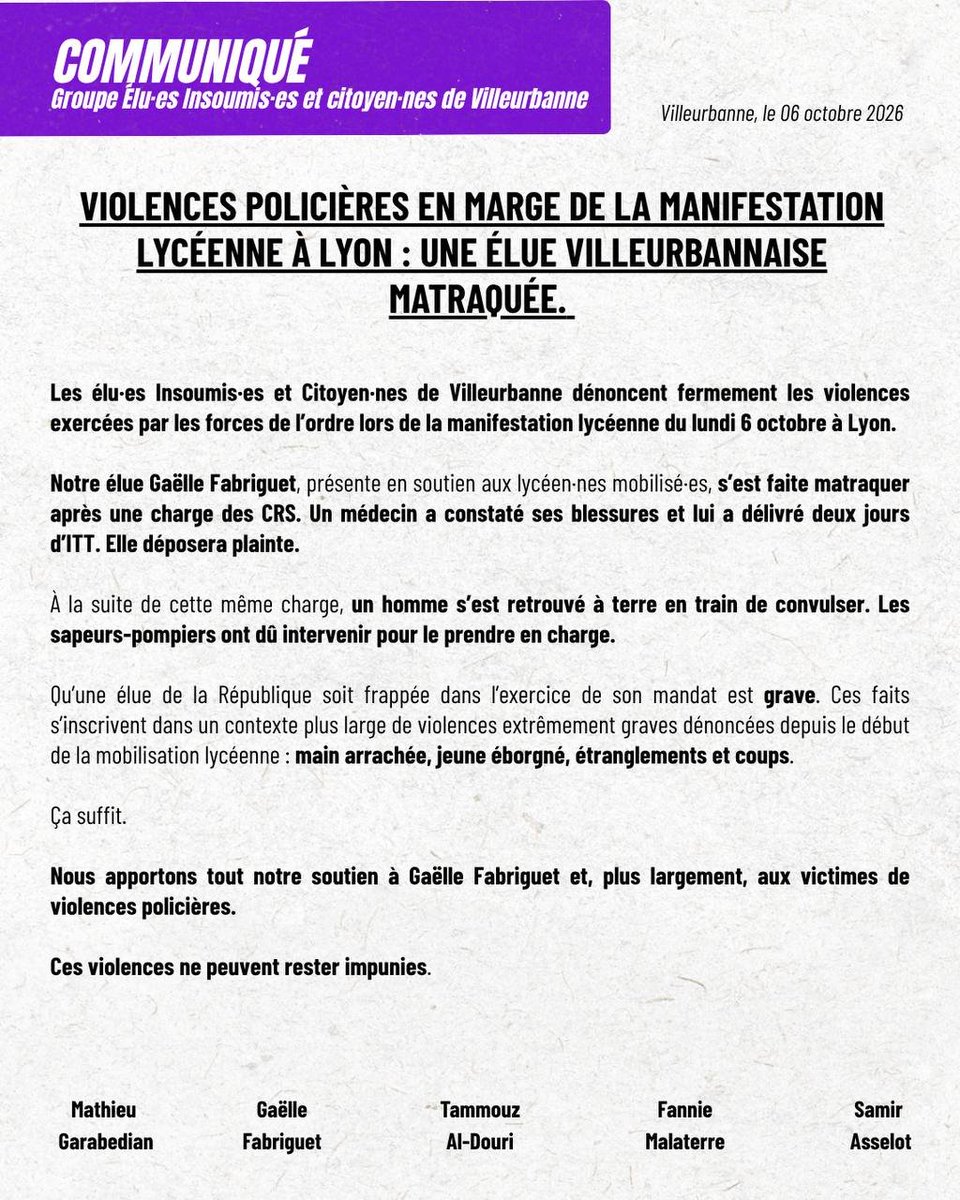 eluslfi69100's tweet photo. Notre communiqué de presse du 6 octobre 2026 suite aux violences policières en marge de la manifestation lycéenne à Lyon.

#lycées #manif6octobre #blocuslycée #blocusuniversités https://t.co/NcZ1N5irX4