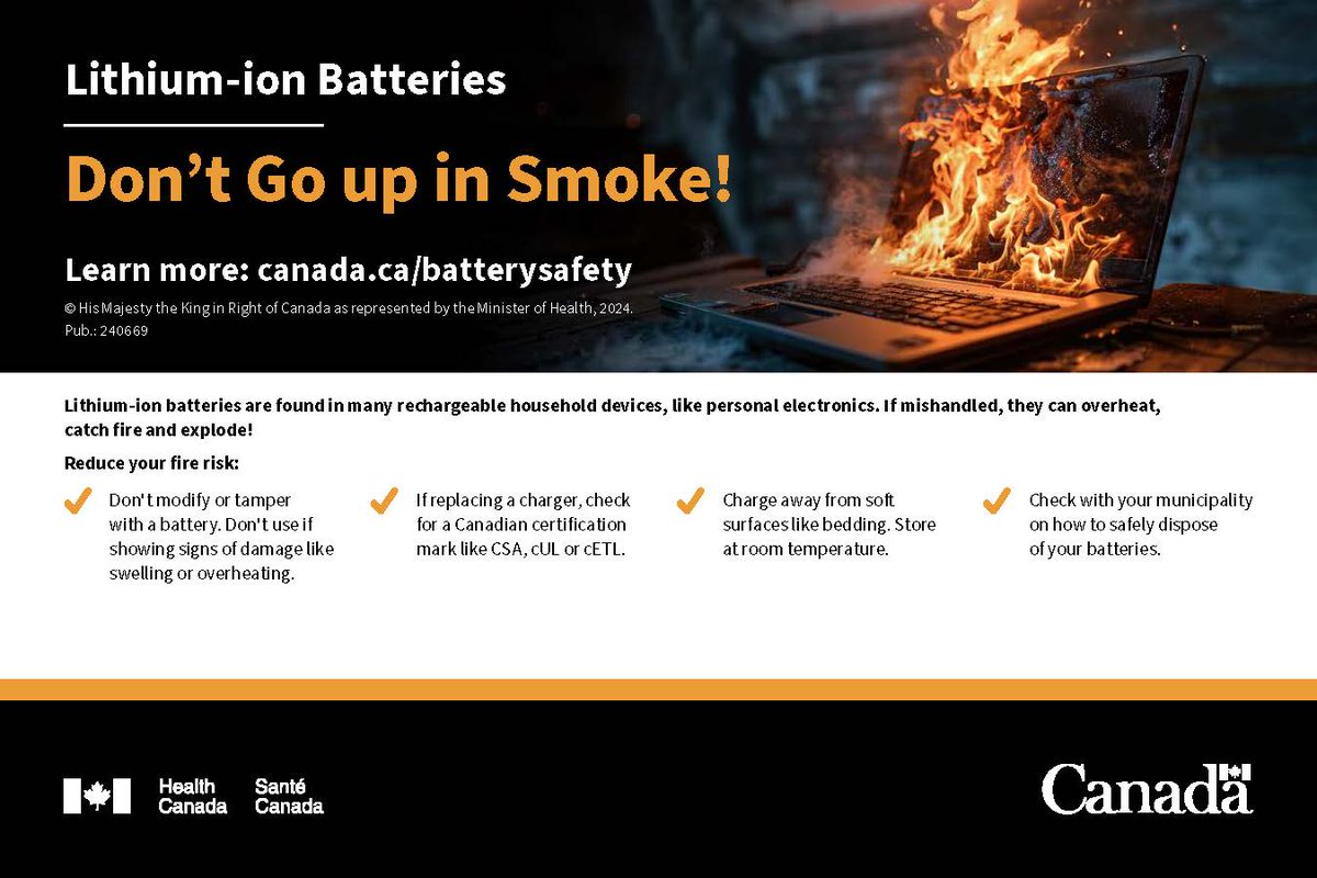 InsuranceBureau's tweet photo. It's Fire Prevention Week. Help reduce the risk of lithium-ion battery fires by using manufacturer-approved charging equipment, avoiding damaged batteries and charging away from soft surfaces like bedding. Learn more from @GovCanHealth: https://t.co/9QgraSYg5s #FirePreventionWeek2026 #FireSafety