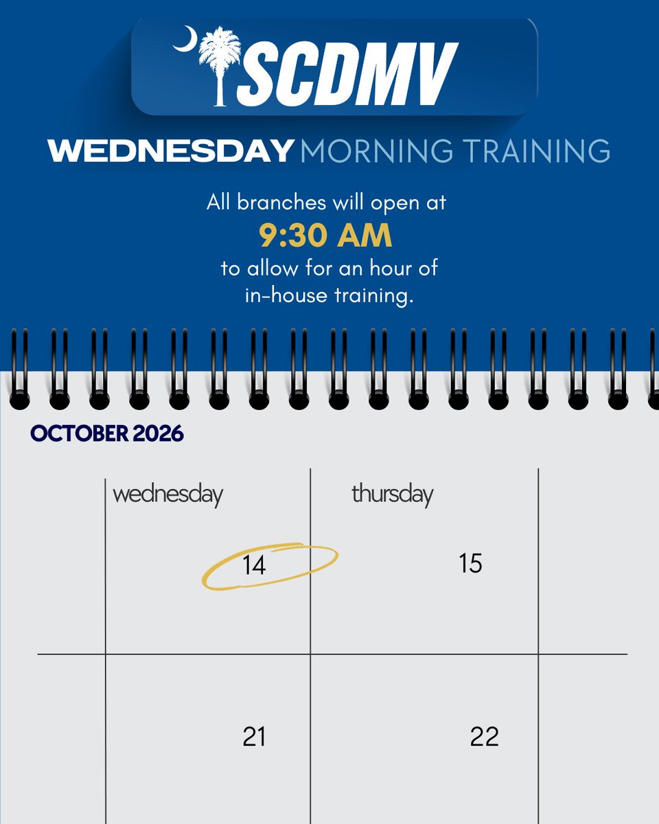 SC_DMV's tweet photo. Tomorrow, October 14th, is another Wednesday Morning #Training here at the #SCDMV. All branches will be open at 9:30 AM! https://t.co/615plUPhLY