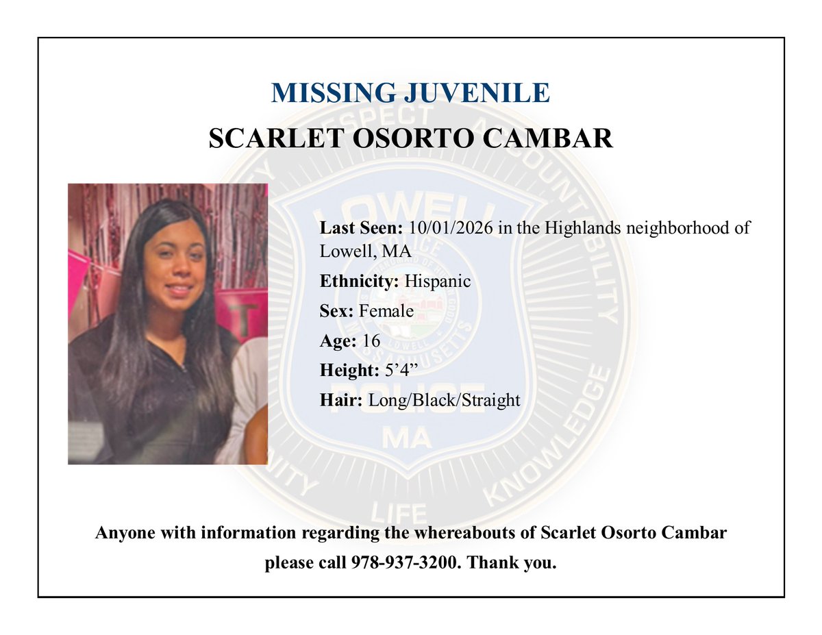 LowellPD's tweet photo. Missing Juvenile
Scarlet Osorto Cambar

LPD10 https://t.co/ILFqALm0ko