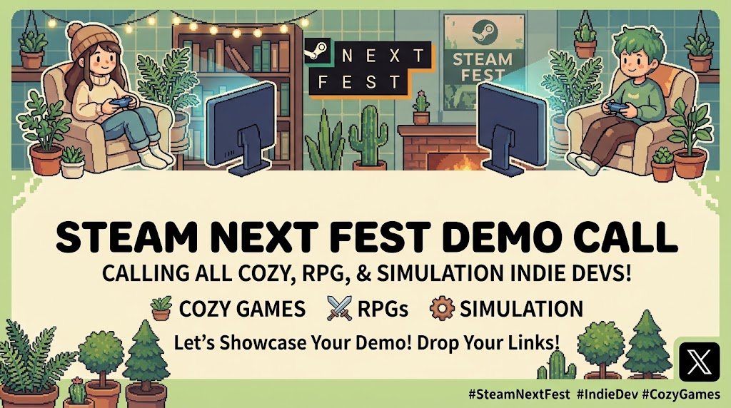 LunarNook's tweet photo. 🎮 Steam Next Fest is coming up! 🪴 Looking for indie dev demos to cover—especially cozy games, RPGs &amp; simulation! Channel is small, but I’d love to support! Drop your links! 👇

#SteamNextFest #IndieDev #CozyGames https://t.co/ktKRQTnKWi