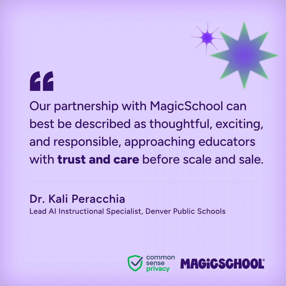 magicschoolai's tweet photo. Denver Public Schools spent a year deciding what it would trust with its classrooms before a single teacher logged in.

Their AI Steering Committee ran a structured pilot, issued an RFP, and let teacher, student, and community feedback guide the decision. The result is a rollout built on the district’s own AI guidance, with custom tools for departments from special education to communications.

In a new case study from Common Sense Privacy, DPS and MagicSchool share how independent validation, strong safeguards, and a thoughtful approach to implementation helped build trust along the way.

Dr. Kali Peracchia, Lead AI Instructional Specialist at Denver Public Schools, describes the partnership as “thoughtful, exciting, and responsible.”

What does it take to build trust in a district-wide AI partnership? 
Read the full story, linked in the comments. 👇