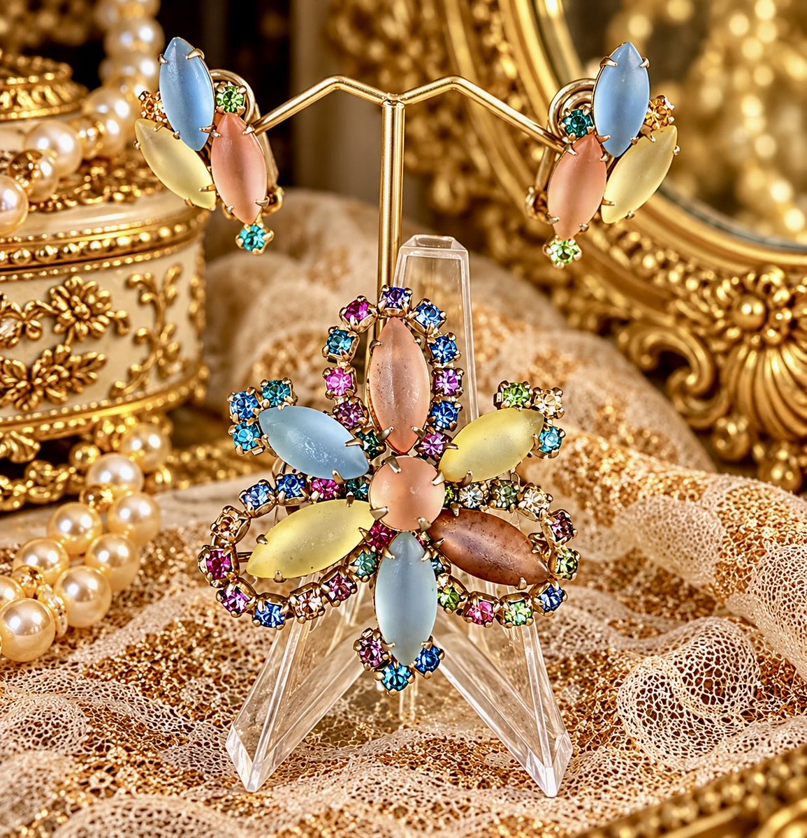 EbayBaby33's tweet photo. Vtg Pastel Cat Eye Rhinestone Brooch & Clip-On Earrings Set Multicolor Gold Tone #VintageJewelry #VintageBrooch #ClipOnEarrings #VintageJewelrySet #BroochEarringSet #CatEyeJewelry #PastelJewelry #RhinestoneJewelry https://t.co/ezmP9vEvOb #eBay via @eBay https://t.co/40dAFRI6Ee