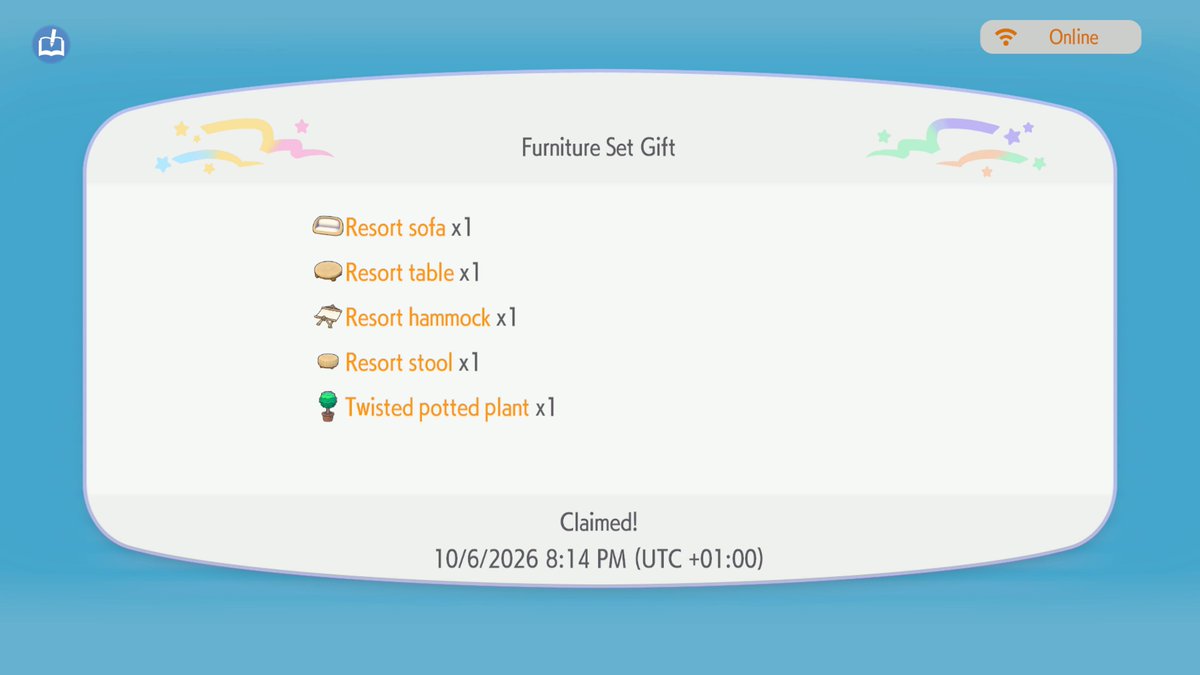 SerebiiNet's tweet photo. Serebii Update: A new Pokémon Pokopia code is available to get a Resort Sofa, Table, Hammock, Stool and a Twisted Potted Plant

Code: D1VE1NTHESEA

Runs until February 29th 2028

https://t.co/NWlAdn57aQ https://t.co/wokh24piR8