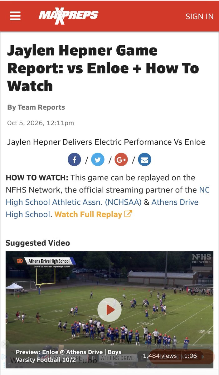 Jdiamond86's tweet photo. 🏈 Making headlines! Jaylen Hepner was featured by MaxPreps following his electric performance against Enloe. Keep working, #3! 💪🏾🔥

Hashtags:
#JaylenHepner #AthensDriveFootball #AthensDrive #QB3 #Quarterback #FridayNightLights #HighSchoolFootball #MaxPreps #NCPreps #NCHSAA 🏈 https://t.co/tbnUh0EoSl