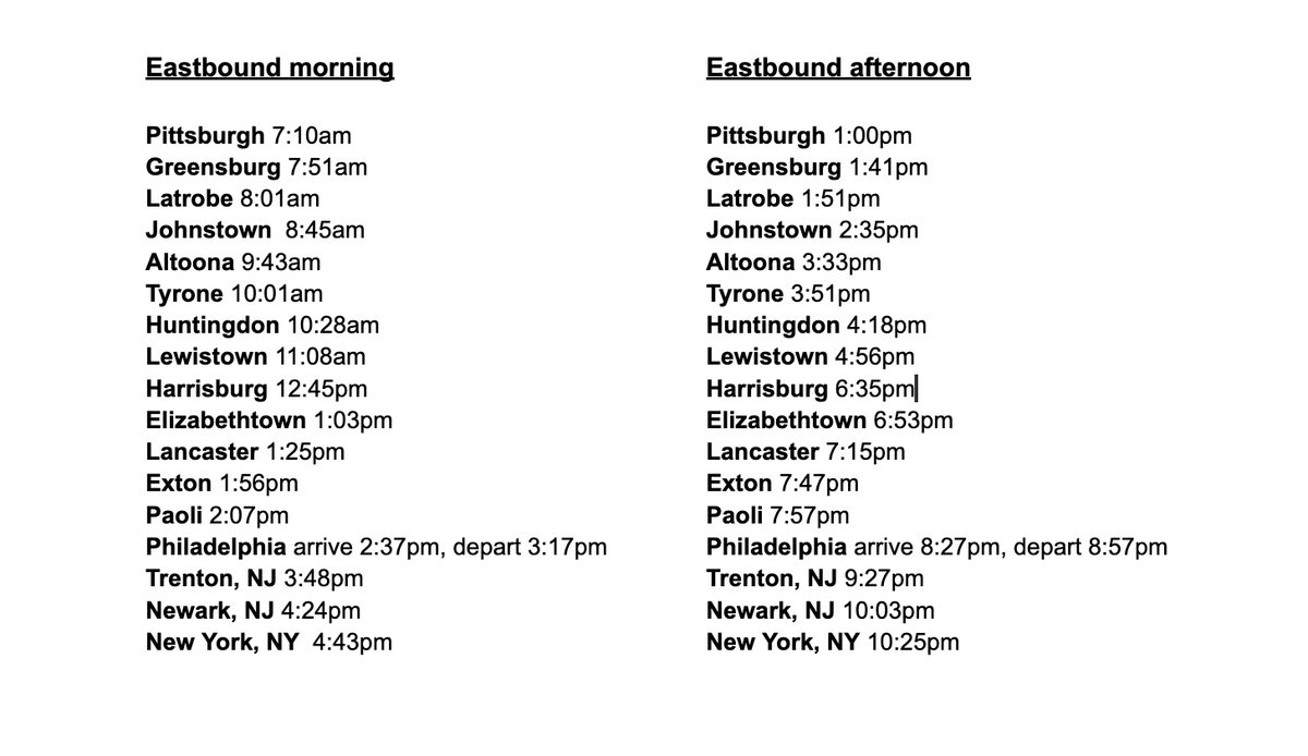 RyanDeto's tweet photo. NEW: Amtrak announces second daily train schedule between PGH-Pilly-NYC. Service will start Nov. 18. Here are the schedules, by departure times. Philly has both arrival and departure since they change engines there and there is always a delay. https://t.co/aFnsB6IlEn